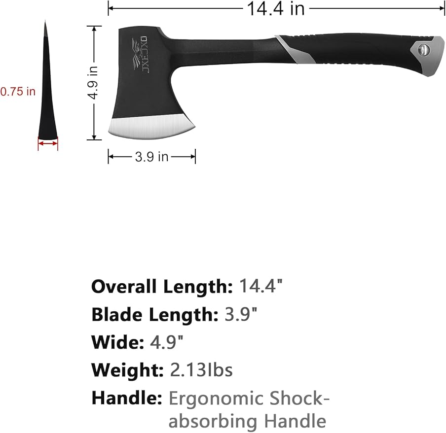 JXE JXO Camping Axe & Hatchets - 14.4" Chopping Axe with Sheath, Forged Steel Construction & Ergonomic Shock-Absorbing Grip (Grey