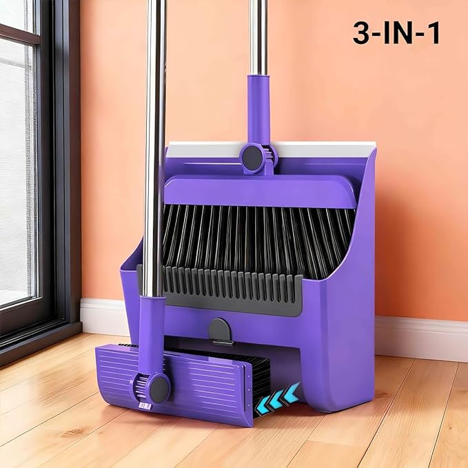 3 in 1 Broom and Dustpan Set with Adjustable Push Broom with 48.8“ Long Handle for Floor Sweeping Outdoor Indoor Sweeping Combo for Home & Kitchen (Purple)