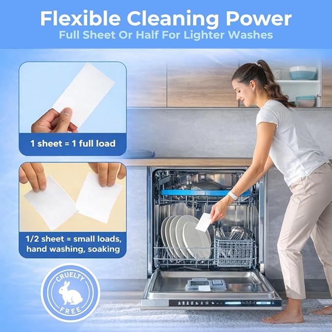 Clean And Fresh Dishwasher Detergent Sheets – 32 Loads – Plastic-Free Dishwasher Soap – Ultra-Concentrated, Quick-Dissolve, Unscented – Powerful Grease Cleaning – HE & Septic Safe, Zero Residue