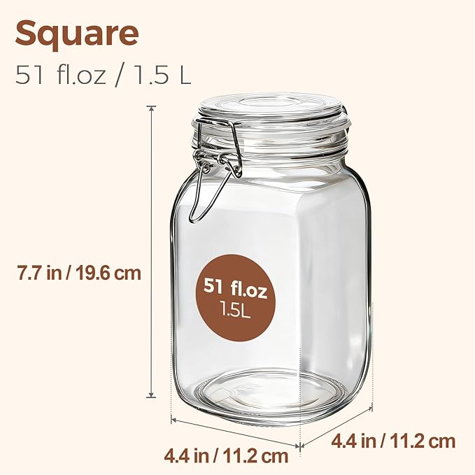 ComSaf Set of 3 Square Glass Jars with Airtight Lids (51 Oz), Wire Clamp Canisters for Pickling, Kombucha & Bulk Food, Wide Mouth Canning Jars for Space Saving Kitchen & Pantry Organization