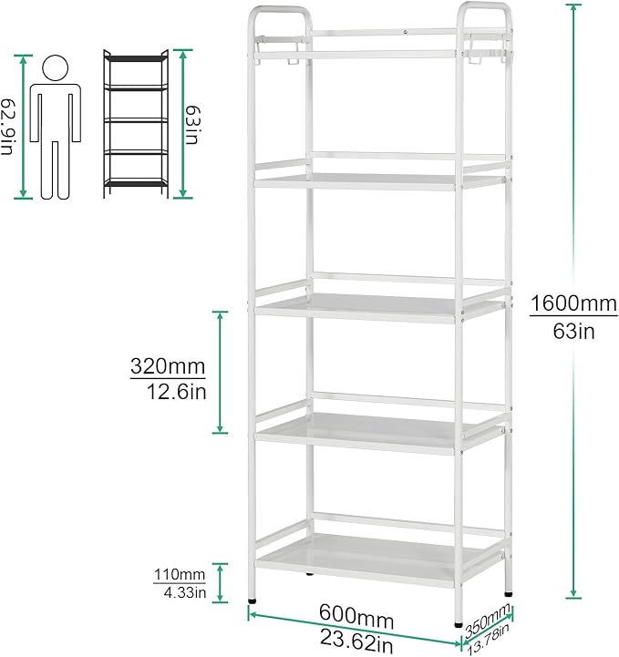 HDANI Storage Shelves,5-Tier Metal Storage Rack with Shelf,Shelf Organizer,Garage Standing Shelving Unit for Laundry,Bathroom,Kitchen,Pantry, Closet,23.6''W X 13.8''D X 63''H,White