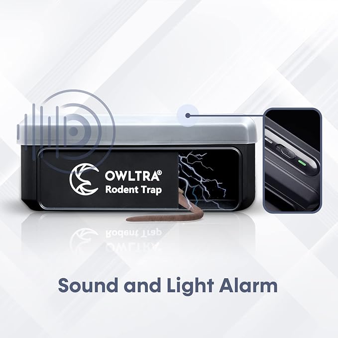 OWLTRA 2 Pack OW-7 in-/Outdoor Electric Rodent Trap, Instant Kill Mouse & Rat Zapper with Waterproof Cover, Sound & Light Alarm, and Batteries or USB Power Source, Waterproof Grade IPX4, Black