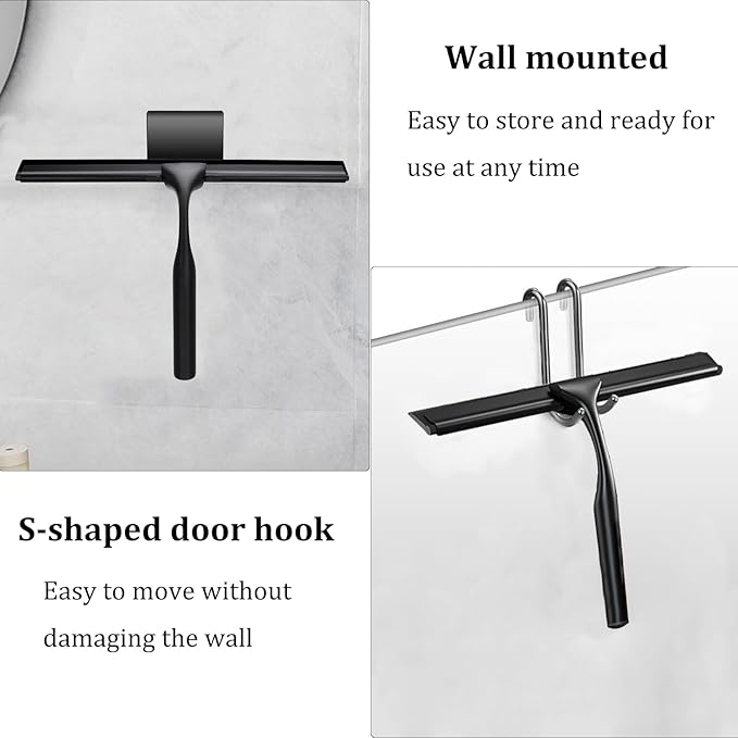 10" Stainless Steel Shower Squeegee for Shower Glass with Adhesive Hook for Cleaning Bathroom Glass Doors Car Window Mirrors and Tile Wall (Matte Black + Hook)