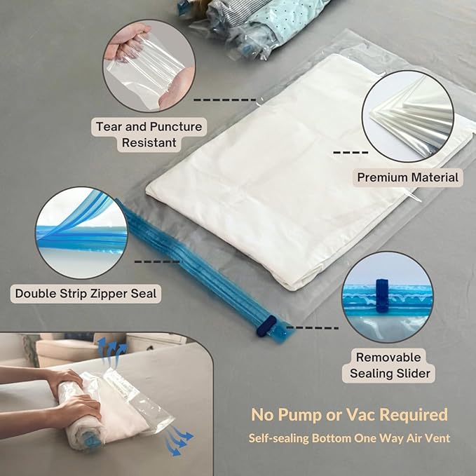 25 Pack Vacuum Storage Bags with Pump, Compression Space Saver for Comforter, Bedding, Blanket Storage, Vacuum Seal Bags for Clothing, Travel Luggage Suitcase and Closet Organizer
