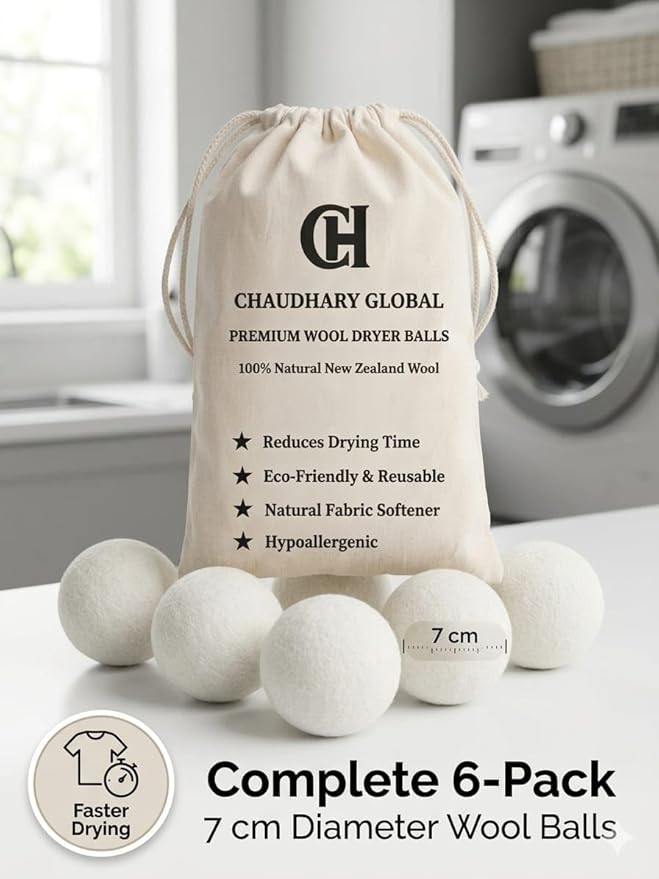 Wool Dryer Balls XL 6-Pack – 100% Organic New Zealand Wool, Reusable Natural Fabric Softener, Reduce Drying Time, Eco Friendly Laundry Balls, Chemical Free, for Sensitive Skin Chaudhary Global