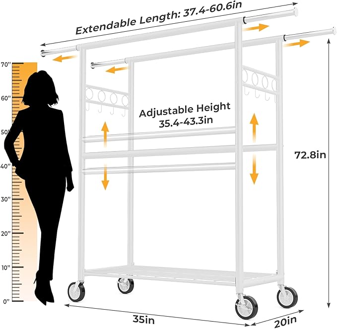 Heavy Duty Clothes Rack Load 1060LBS, Four Rods Rolling Clothing Racks for Hanging Clothes, Rolling Garment Rack With Sturdy Wheels Shelves Hooks, Portable & Adjustable Commercial Garment Rack, White