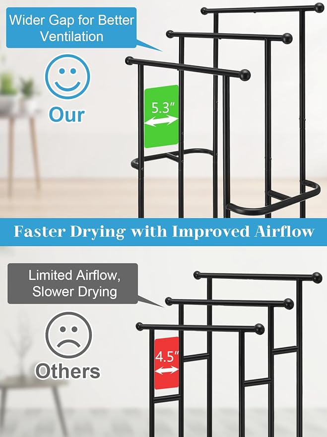 Haturi Free Standing Towel Rack for Bathroom, 3-Tier 39" H Black Metal Towel Drying Rack with Storage Basket, 24.4" L x 13" W x 39" H Rust-Resistant Outdoor Holder for Pool & Oversized Towels