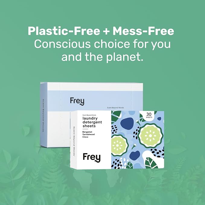 FREY Laundry Detergent + Dryer Sheets Bundle, 60 Count - Plastic Free Liquidless Full Wash Solution for Soft, Fresh Clothes, Bergamot Sandalwood Clove Scent