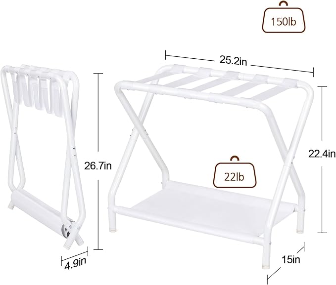 AMHANCIBLE Luggage Rack, Set of 2, Foldable Suitcase Stands for Guest Room, Metal Luggage Holder with Storage Shelf for Bedroom, Hotel, Easy Assemble, White HLR02WT