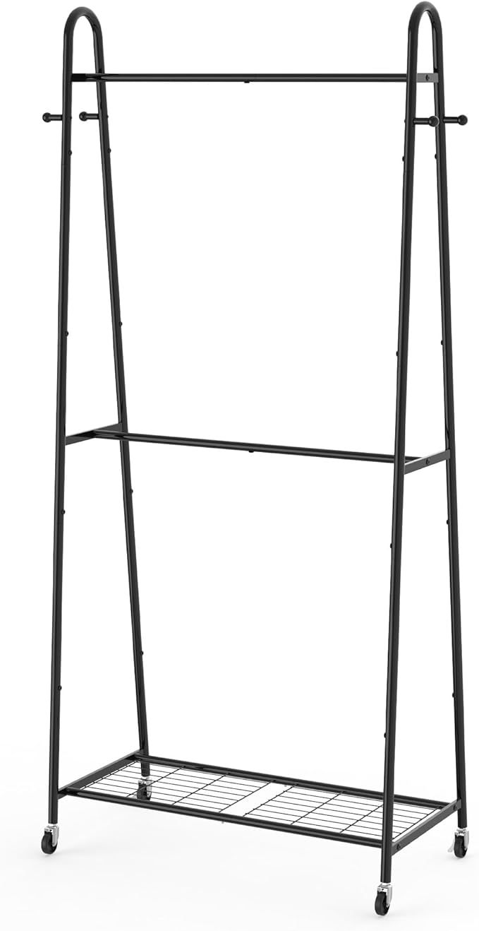 Sakugi Metal Clothes Rack - Clothing Racks for Hanging Clothes with Two Hanging Rods, 4 Hooks & Mesh Shelf, Triangular Coat Rack for Bedroom, Closet, Laundry Room, 36.5" x 16.9" x 70.3",Black