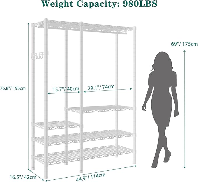 Heavy Duty Garment Rack, Metal Freestanding Closet Wardrobe Clothes Racks for Hanging Clothes, 4 Tiers Adjustable Wire Shelving, 44.9'' L x 16.5'' W x 76.8 '' H, Max Load 850LBS, White