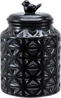 MyGift 6 Inch Round Black Ceramic Cookie Jar with Airtight Lid and Bird Shape Top Handle, Vintage Style Kitchen Canister with Embossed Geometric Star Pattern