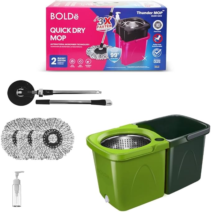 Thunder Mop Spin System -Double-Sided- 2 Compact Stackable 6L Buckets, Microfiber Head, Stainless Steel Wringer, Antifungal Quick-Dry Cleaning, Soap Dispenser, 3 Free Refills (Lime/Forest Green)
