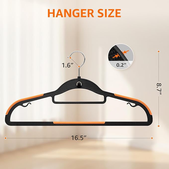Yolife Cascading Plastic Clothes Hangers 20 Pack with Inner Hook for Vertical Storage, Slim Space Saving Hangers with Non-Slip Pads, 360° Swivel Metal Hook, Versatile, Black & Orange