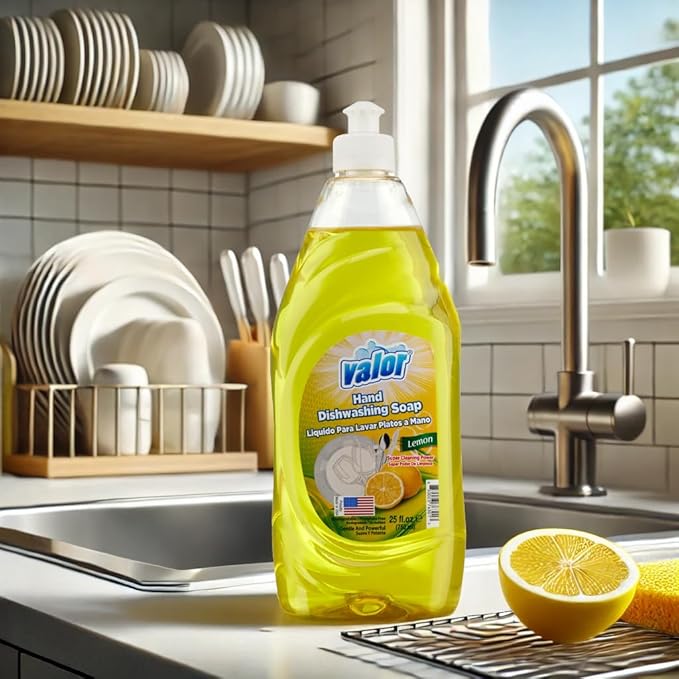 Valor Dishwashing Liquid, 25 fl oz – Dish Soap for Kitchen & Bathroom, Grease-Fighting, Gentle on Hands, Fast Rinse, Eco-Friendly Biodegradable Formula (25 fl oz (Pack of 1), Lemon)