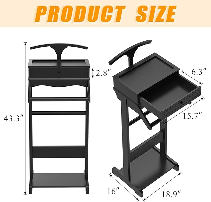 Wood Mens Valet Stand,Freestanding Suit Stand&Clothes Butler Valet Stand with Hanger,Tie&Belt Hooks,Shoe Rack,Storage Organizer for Keys,Watches,Wallet,Jewelry in Entrance,Bedroom (Styel 3, Black)