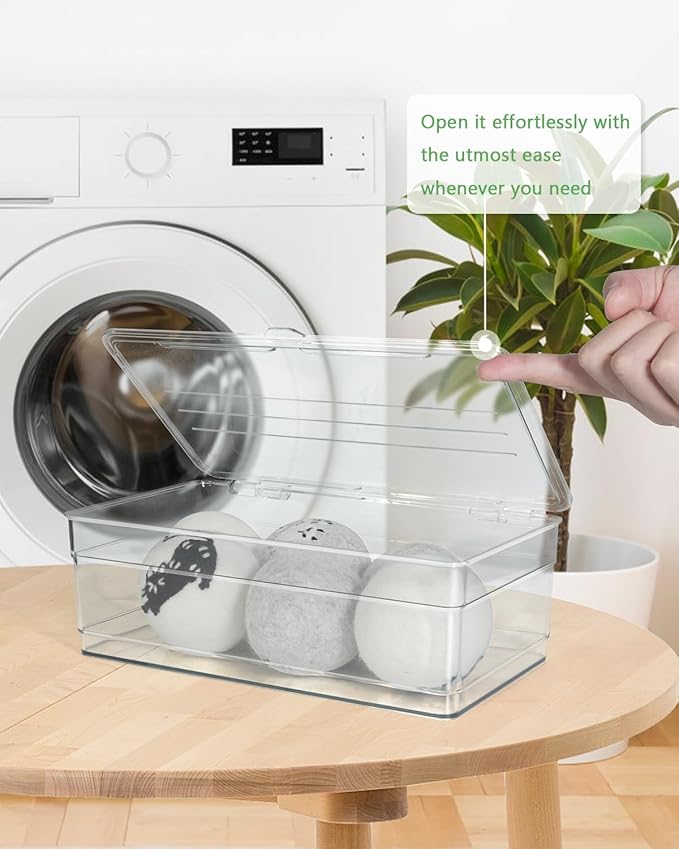 Dryer Sheet Holder - Dryer Ball Holder, Dryer Sheet Dispenser, Acrylic Dryer Sheet Holder Container with Lid, Bathroom Storage Containers for Laundry Pods, Clips, Dryer Balls and Sheets (No Balls)