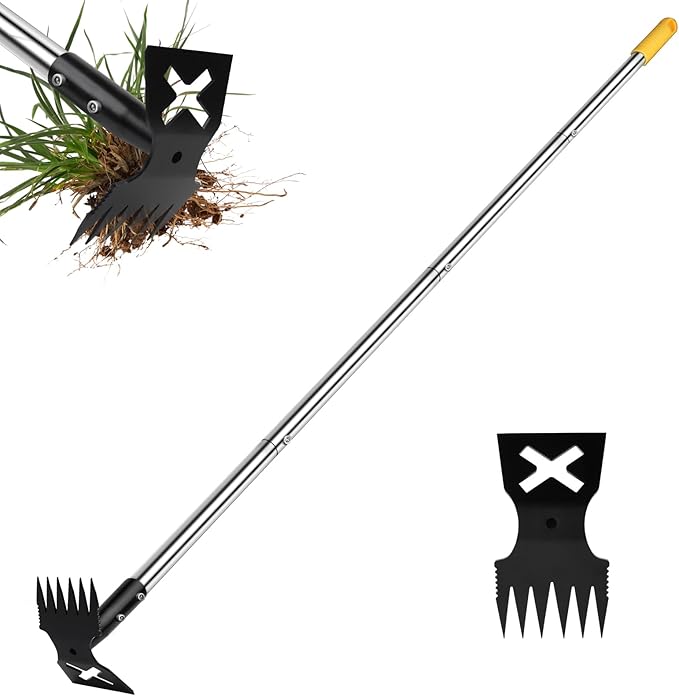 Weed Puller Tool with Long Handle, 60" Manual Weeding Tools Gardening, 2 in 1 Hand Weed Rake and Hoe Garden Weeder Tool, Uprooting Pulling Weed Remover Tool for Yard, Patio, Lawn and Garden