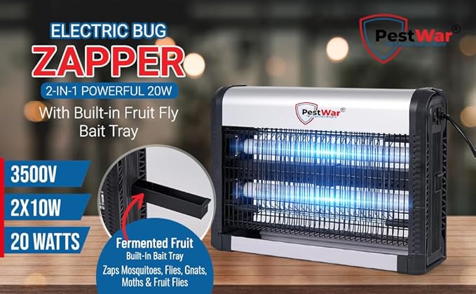 Advanced 2-in-1 Indoor Bug Zapper, Powerful 3500V Flying Insect Zapper, Built-in Bait Tray, Uses 2-in-1 Methods to Attract & Zap Fruit Flies, Mosquitoes, Flies, Gnats, Moths, & More. - 2 Free Bulbs