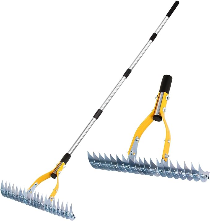 Thatch Rake 15 Inch Wide Efficient Dethatcher Rake for Cleaning Dead Grass, Combs Turf & Loosens Soil, Steel Metal Grass Rakes with Stainless Steel Handle Versatile Leveler &Cleans for Garden