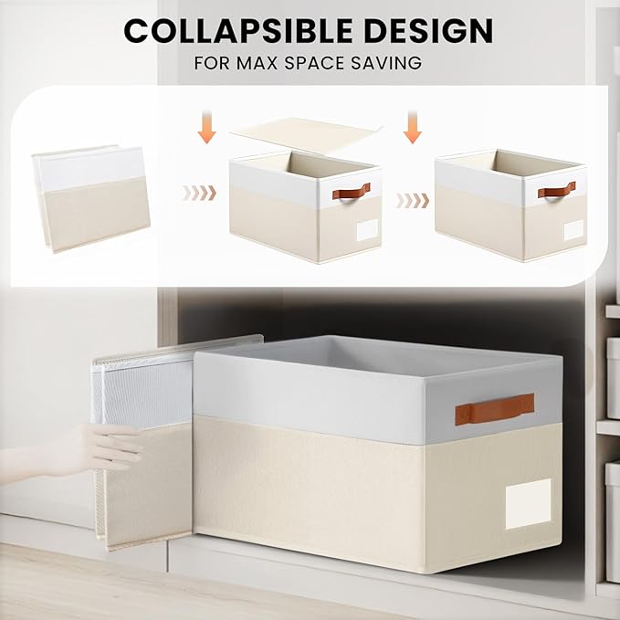 Criusia Large Closet Storage Baskets for organizing 4 Pack - Heavy Duty Closet Shelf Organizer Bins with Handles & Labels - Decorative Collapsible Baskets for Living Room Bedroom Nursery Dorm 14"x10"
