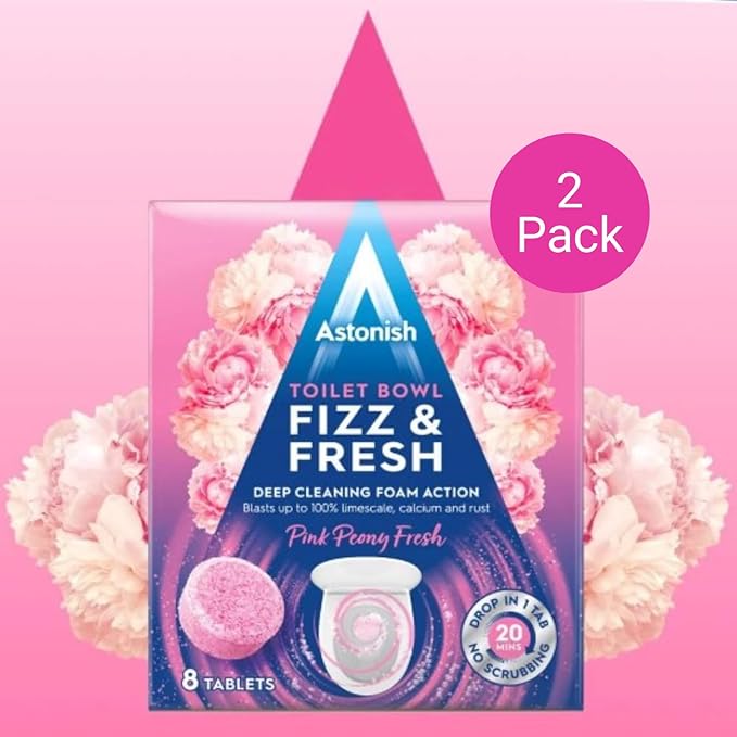Astonish Foaming Pink Peony Toilet Bowl Cleaner 2 Pack - Deep Cleaning Limescale, Calcium & Rust - No Bottle, Removes Hard Stains (2 Boxes, 16 Tablets)