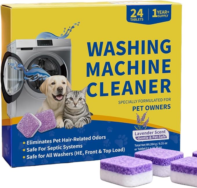 24 Count Washing Machine Cleaner for Pet Hair Relief Tablets - HE-Safe, Septic-Safe, Lavender Scent, 1-Year+ Supply, Pet-Friendly Washer Cleaner for Top/Front Load Washers