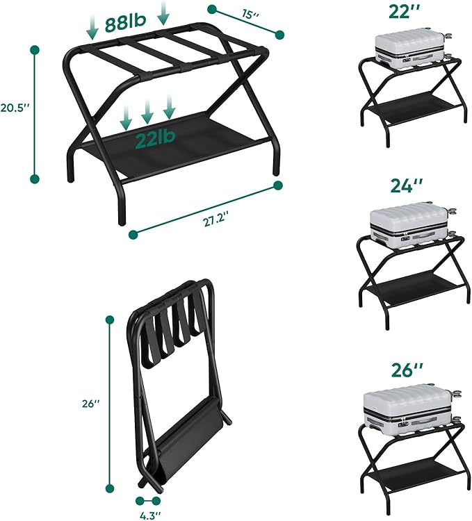 Smuxee Black Luggage Rack Pack of 2, Foldable Suitcase Stand with Fabric Storage Shelf, Luggage Holder with 4 Nylon Straps for Guest Room Bedroom Hotel