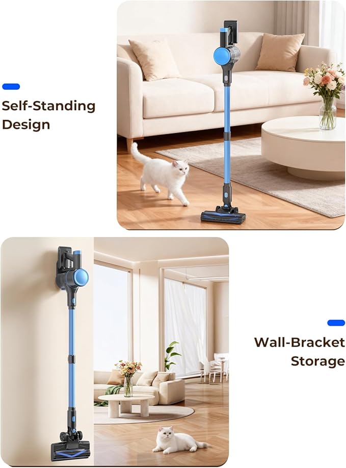 N8 Cordless Vacuum Cleaner,Lightweight Stick Vacuum with Powerful Suction,2200mAh Battery,40 Mins Runtime,Self-Standing,Rechargeable Vacuum Cleaners for Home Hardwood Floor Carpet Pet Hair (Blue)