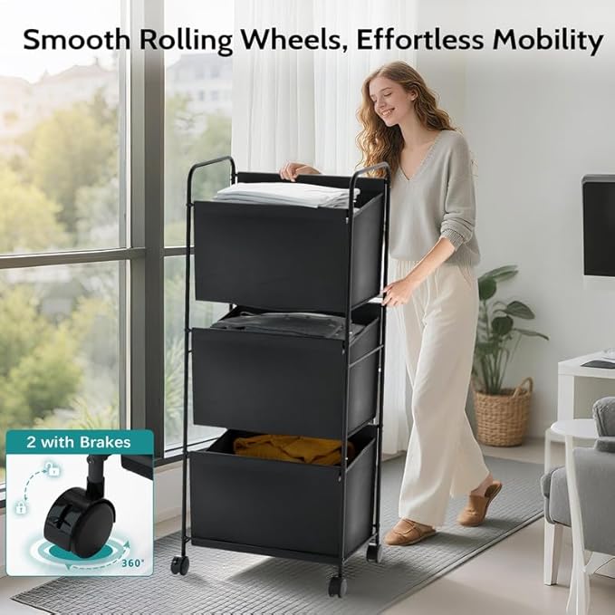125L Vertical Laundry Hamper with Wheels, 3 Section Large Rolling Laundry Sorter with Detachable Inners, Metal Clothes Hamper Laundry Baskets Organizer for Bathroom, Bedroom, Dorm (Black)