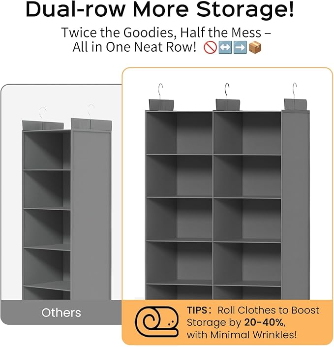 ALLTIDYUP Space-Saving Hanging Closet Storage Organizer – Dual-Row Foldable Shelves with 3 Hooks, 6-Tier Wardrobe Organizer for Dorm, Bedroom, Closet (Grey)