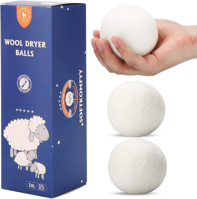 Wool Dryer Balls Handmade 3 Pack XL,Organic Laundry Dryer Balls,100% New Zealand Wool Natural Fabric Softener,Reusable 1000 Loads,Wrinkles Free, Shorten Drying Time,Baby Safe (3 Pack,White)