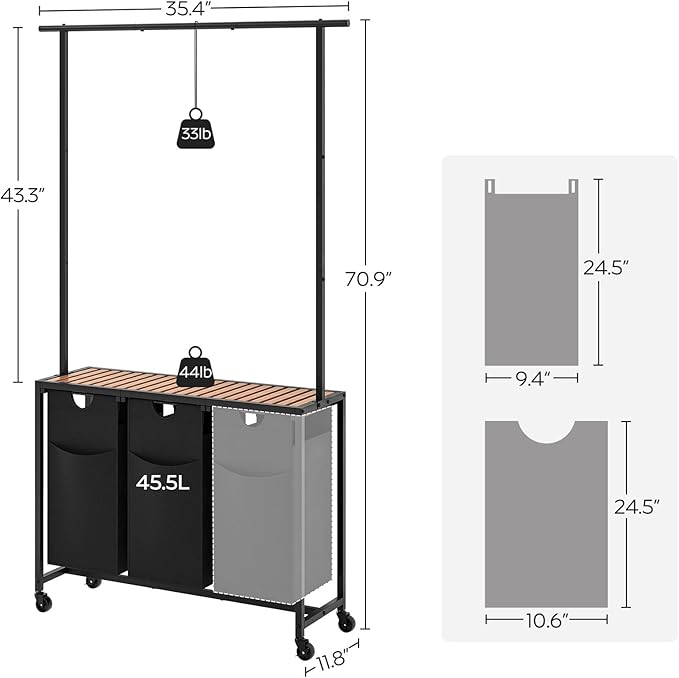 YATINEY Laundry Sorter 3 Section, Rolling Laundry Hamper with Hanging Rack, Laundry Sorter with Wheels, Hampers for Laundry, Laundry Basket Organizer for Laundry Room, Rustic Brown LS37BR