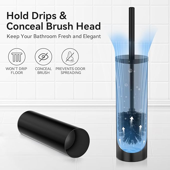 DOWRY Toilet Bowl Brush and Holder for Bathroom, Deep Cleaning Toilet Brush and Holder Set with Long Handle, Hidden Toilet Bowl Brush with Replaceable Head,Modern Decor Black Round 2PCS