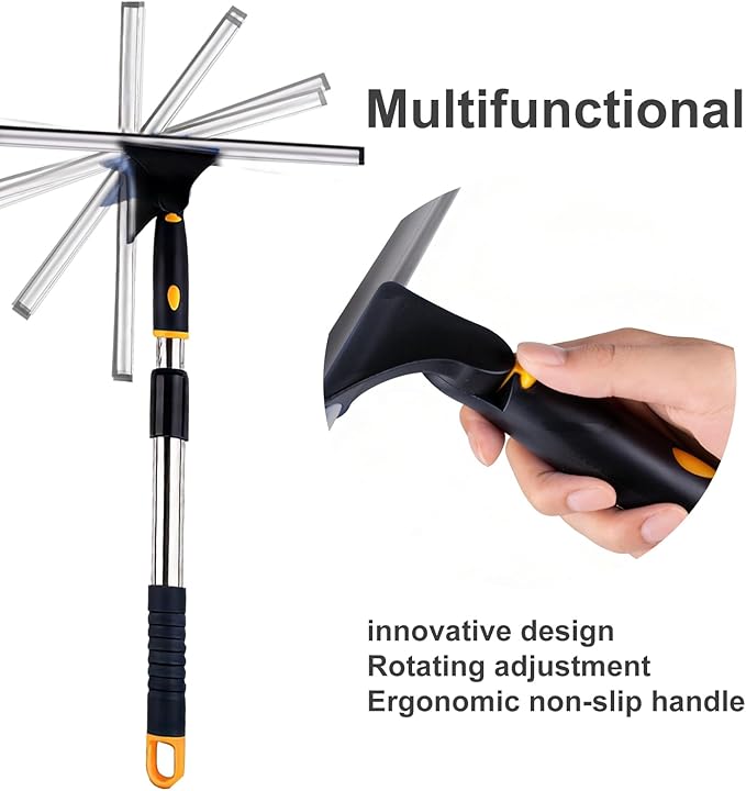 ITTAHO 14" Window Cleaning Tool, All-Purpose Extendable Window Squeegee with 2 Blades and Stainless Steel Pole, Shower Squeegee for Glass Doors,Shower Doors, Windows, Bathroom and Car Windshields
