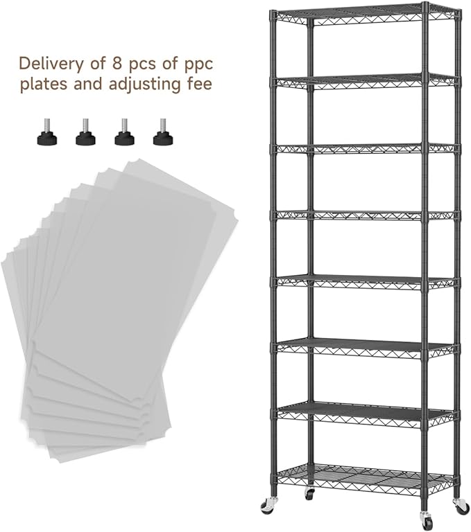 Golpart 8 Tier Shelves Storage Shelf Wire Closet Bathroom Organizers Metal Pantry Kitchen Garage Shelving Unit Laundry Room Organization Home Rack Net Basket Black with Wheels 12”D X 22”W X 74.2”H