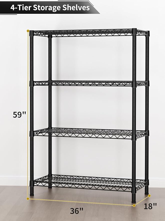 Golpart 4 Tier Heavy Duty Shelves Adjustable Storage Shelf Organizer Metal Garage Wire Shelving Unit Pantry 18" D x 36" W x 59" H,Black