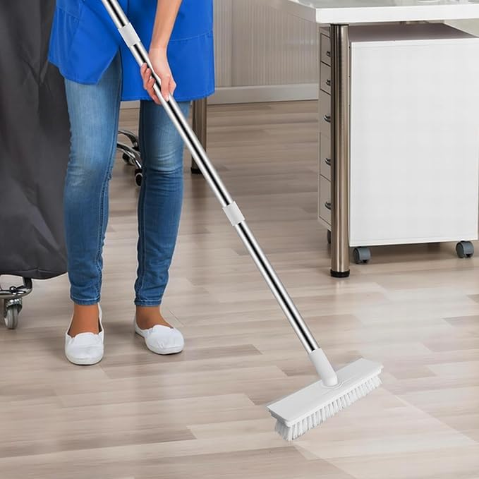 Floor Scrub Brush with Long Handle, 2 in 1 Scrape Brush Stiff Bristle Floor Scrubber for Cleaning Shower Bathroom Garage Kitchen Wall Deck Tub Tile, White
