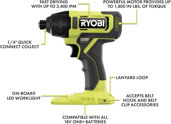 6 Power Tools Combo Kit Bundle with Buho Tool Bag, and Holster, 6 Ryobi Tools, 2 Batteries, Charger, and 40 Piece Drill Bit Set