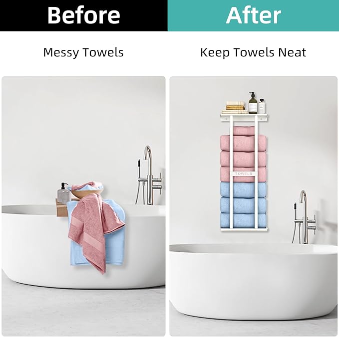 STWWO Wall Towel Rack for Rolled Towels, Towel Storage for Small Bathroom Can Holds 6 Large Towels, 30 inch Towel Racks with Shelf, White