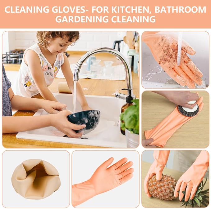 AUAUY Reusable Kitchen Dishwashing Gloves, Rubber Household Cleaning Gloves, Non-Slip Waterproof Dish Glove for Women Men