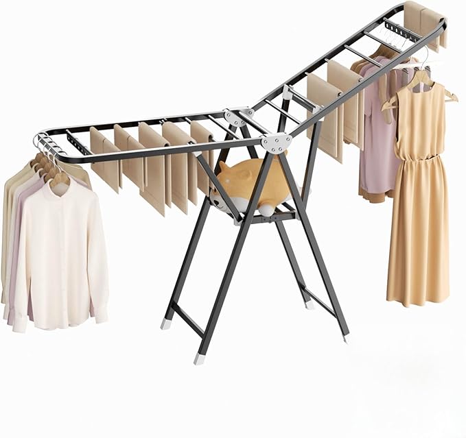 MIKEE Clothes Drying Rack,Foldable Laundry Drying Rack for Indoor & Outdoor Use，with Height-Adjustable Wings，2-Tier Clothes Rack with Windproof Hanging Holes and Wheels，132 lb
