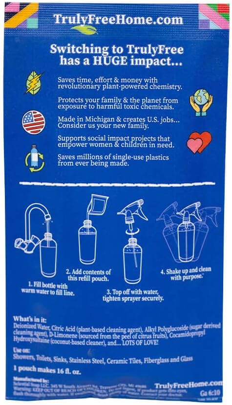 Truly Free All Natural Non-Toxic Bathroom Cleaner Spray, Organic Bath & Tile Cleaning Solution for Toilet, Sink, Tub & Shower, Refillable 2-Pack with 16oz Bottle + 2 Refill Pouches