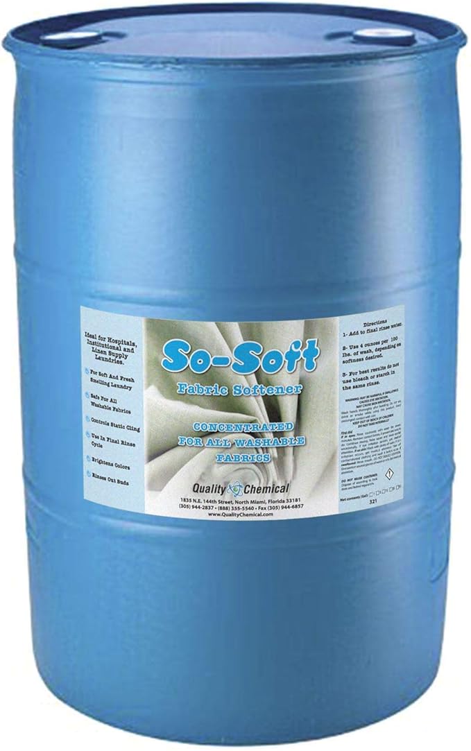 Quality Chemical/So Soft Fabric Softener/Controls static cling, eliminates stiffening, fraying. Brightens & softens / 55 gallon drum