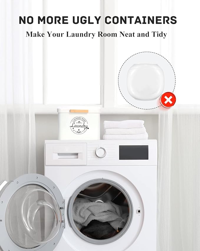 SACREDAY Laundry Pods Holder with Hinged Lid, Farmhouse Space-Saving Metal Container for Laundry Room Decor Organization and Storage, Detergent Dispenser for Efficient Laundry Room Use(Cream)