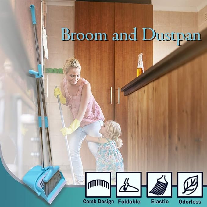 Broom and Dustpan Set Lightweight Upright Lobby Broom and Dust Pan Combo with Long Handle Outdoor Indoor for Home Kitchen Room Office (Blue)
