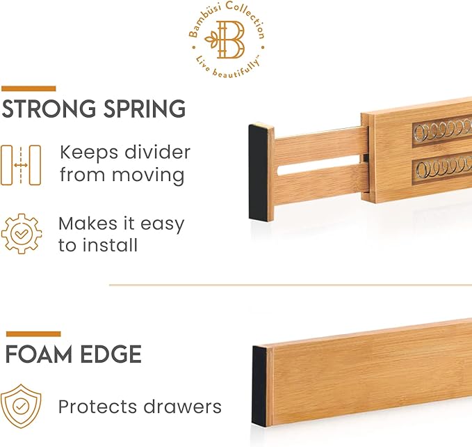 Bambüsi 4-Pack Bamboo Drawer Dividers - 2.6" High, 12.5"-17" Adjustable Drawer Organizers for Clothes, Expandable Dresser Separators in Bedroom/Bathroom/Kitchen/Office Organization and Storage