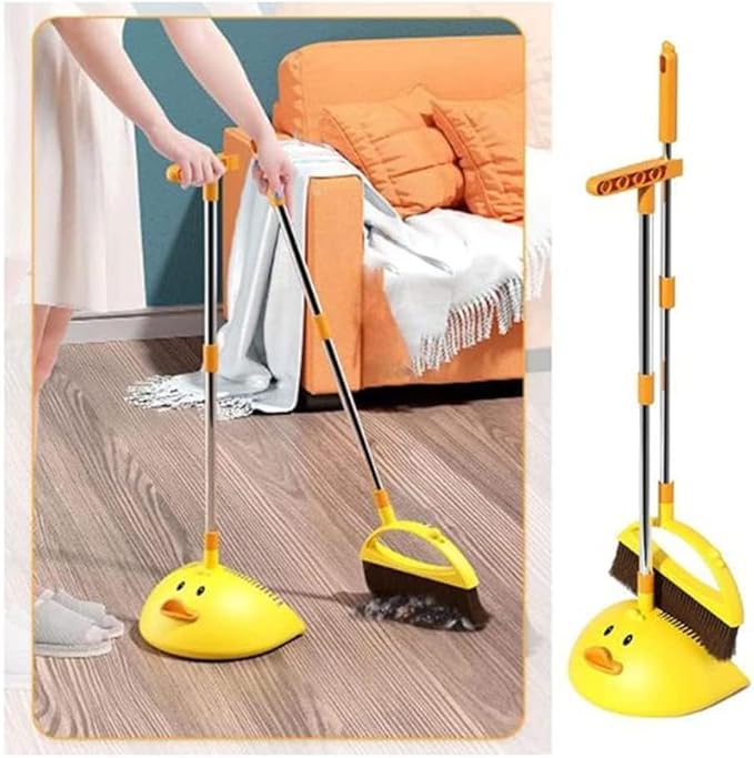 Cute Duck Cleaning Broom and Dustpan Set with Long Handle Stand Up Broom and Dustpan for Home Kitchen Room Office, Outdoor Indoor (Yellow)