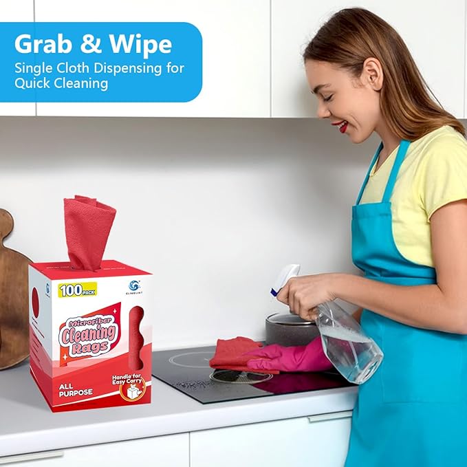 GLIMGLINT Red Microfiber Cleaning Cloth, 100 Pack Cleaning Rags, Lint-Free, Ultra Absorbent Reusable Paper Towels for Home, Kitchen, Car, Garage or Shop, Dish Rags, 11" x 9"