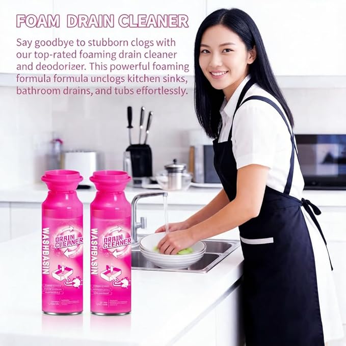 Foaming Drain Cleaner (2 Pack), Sink Clog Remover and Deodorizer for Bathroom & Kitchen, Pipe Deep Cleaning Foam for Bathtub, Shower, Washbasin, Dissolves Hair, Grease & Soap Scum to Fix Slow Drains